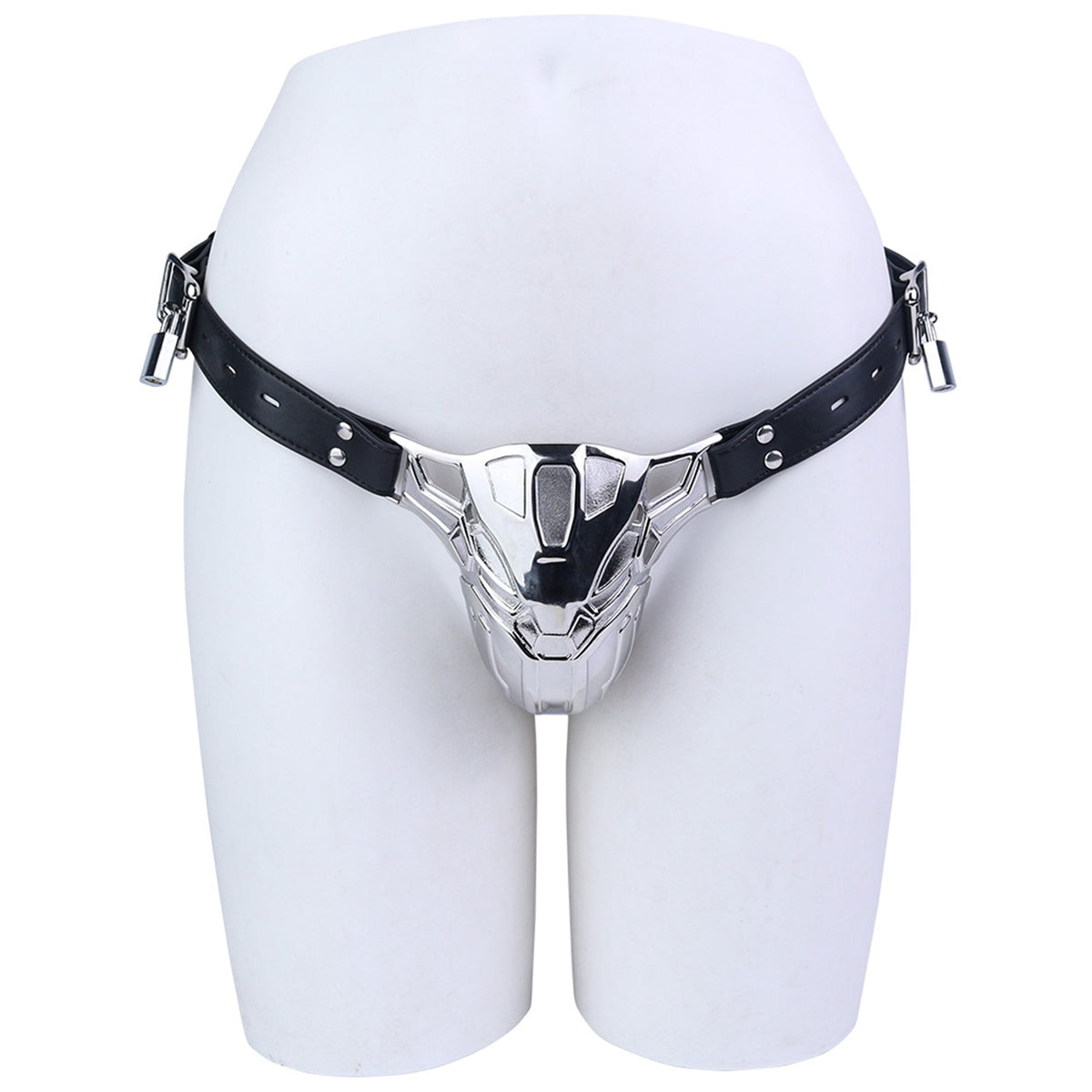 Mech Armor Metal Chastity Cage with Lockable Belt front view on mannequin