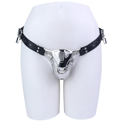Mech Armor Metal Chastity Cage with Lockable Belt front view on mannequin