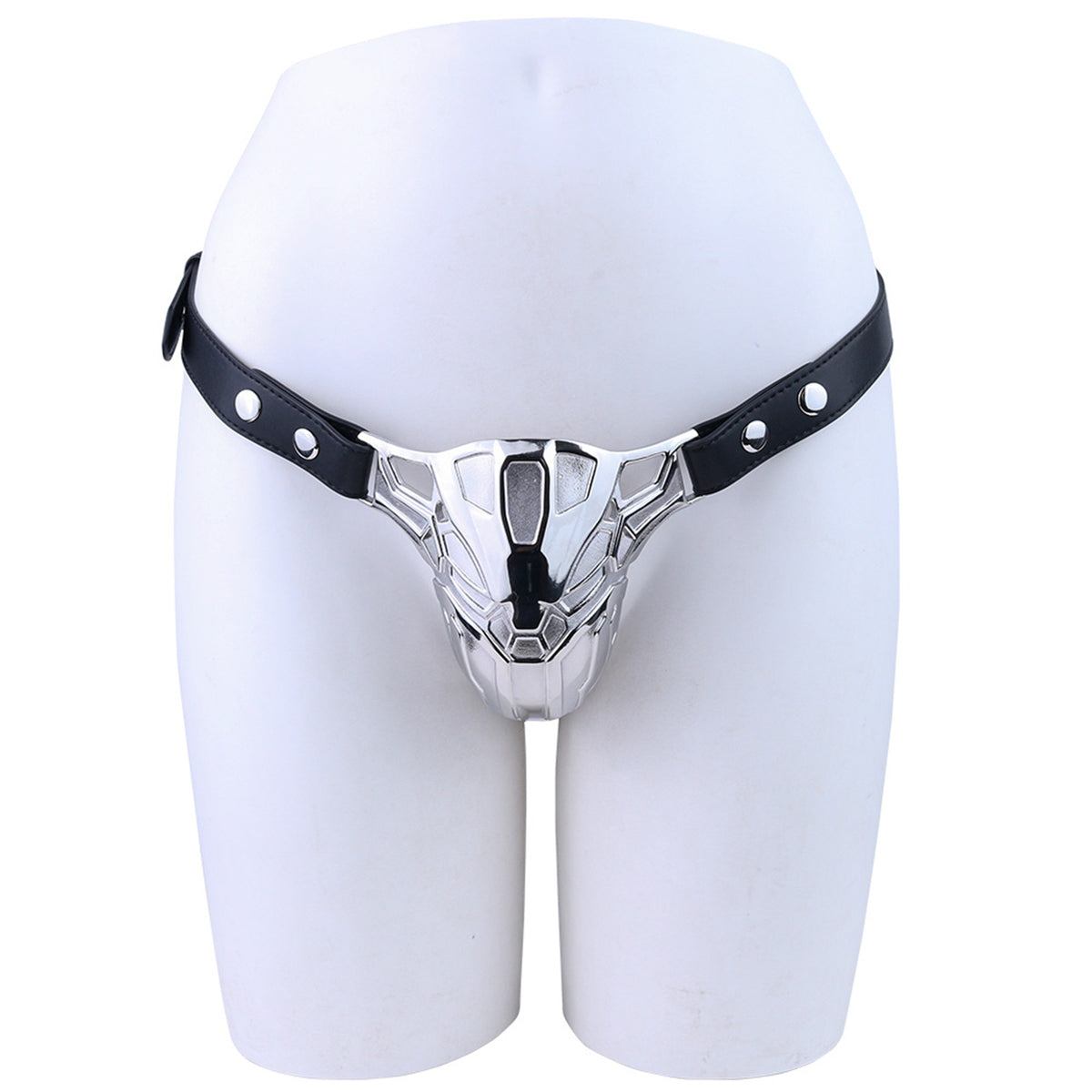 Mech Armor Metal Chastity Cage with Standard Belt front view on mannequin