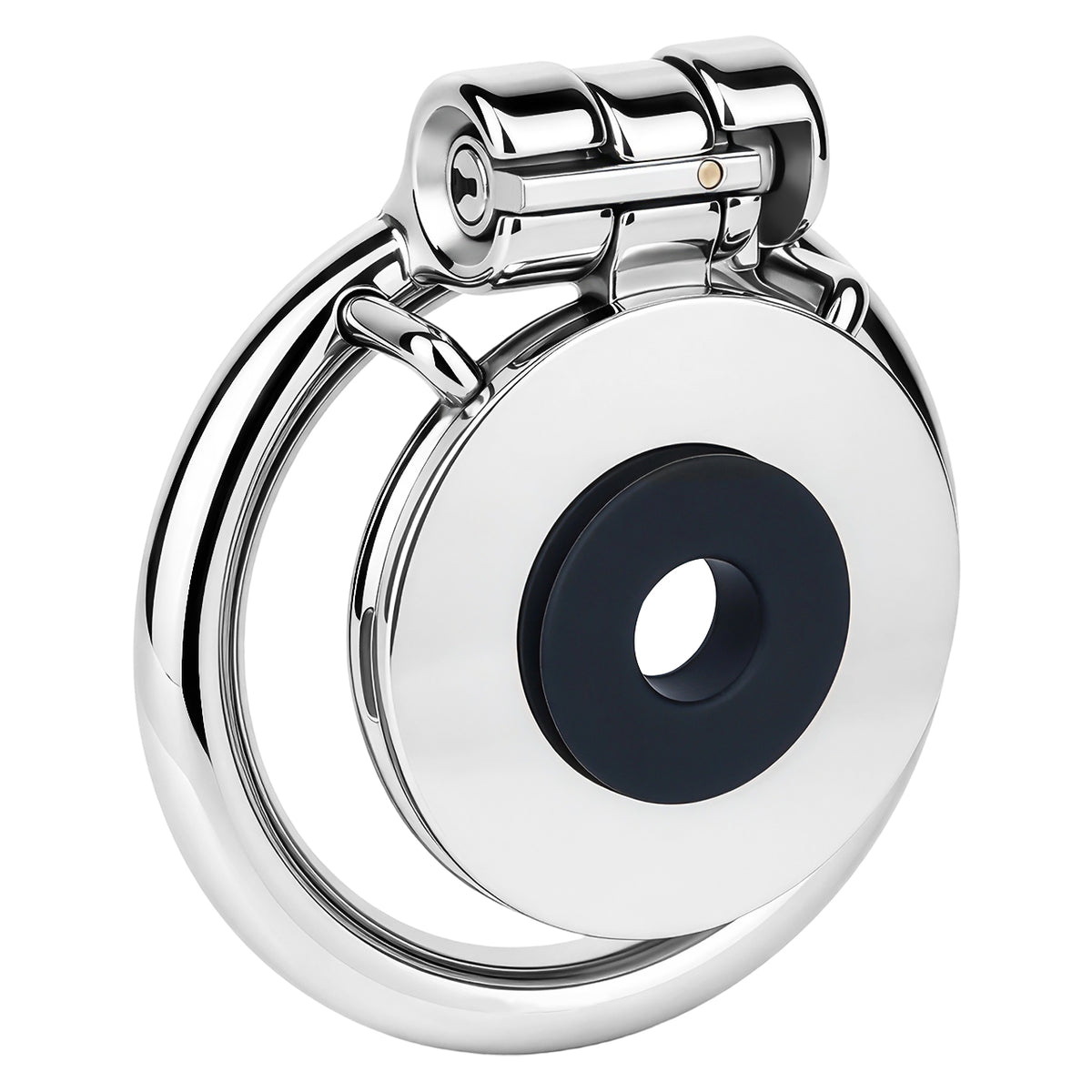 Mirror Polish Flat and Inverted Chastity Cage – flat cage angled view and keyed lock
