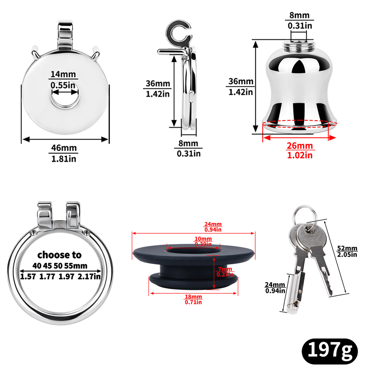 Mirror Polish Flat and Inverted Chastity Cage – short 36 mm inverted insert and ring size chart