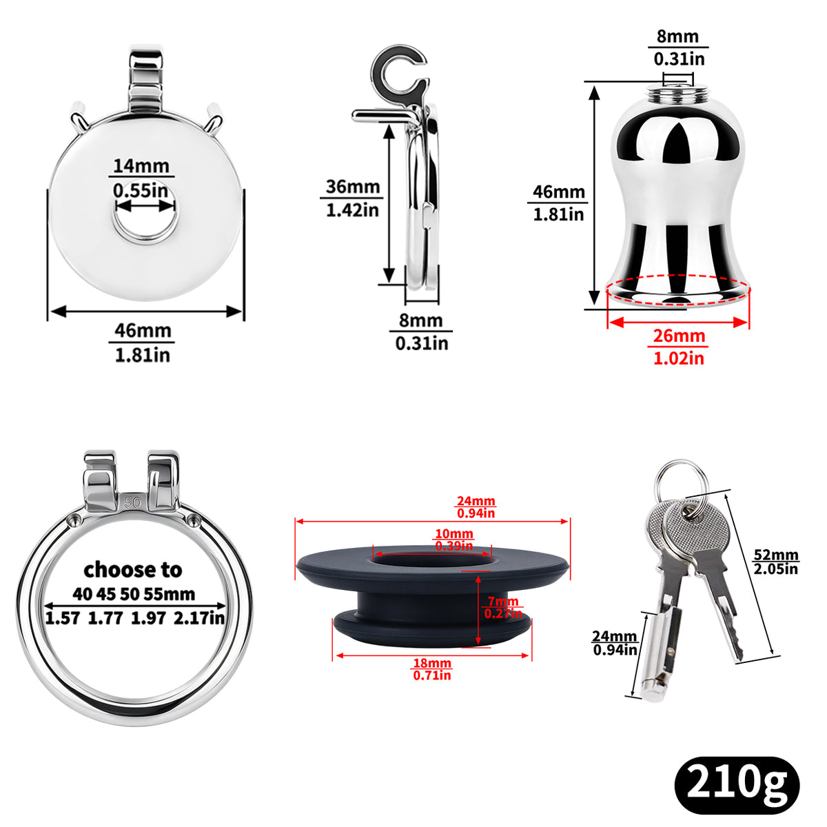 Mirror Polish Flat and Inverted Chastity Cage – medium 46 mm inverted insert and ring size chart