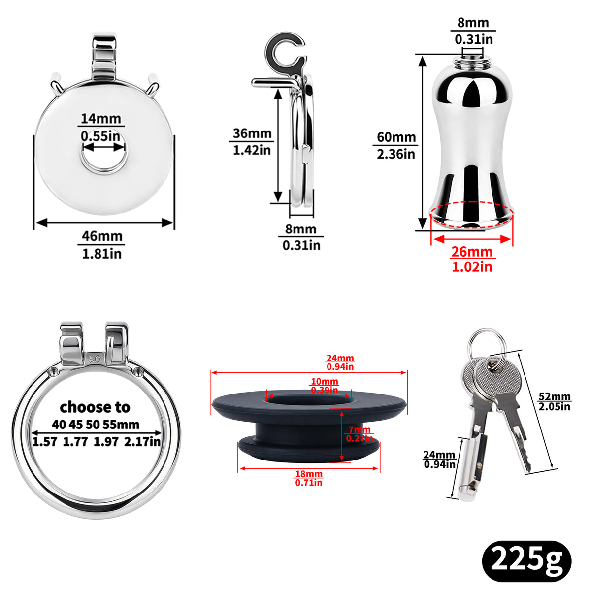 Mirror Polish Flat and Inverted Chastity Cage – long 60 mm inverted insert and ring size chart