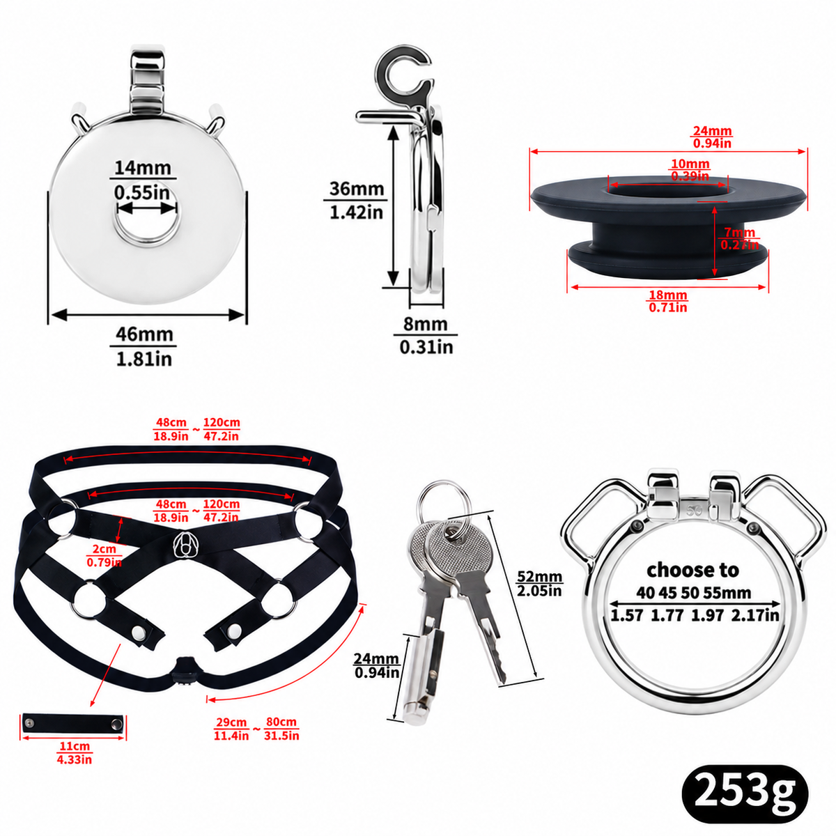 Mirror Polish Flat and Inverted Chastity Cage – optional belt stretch range and ring size chart