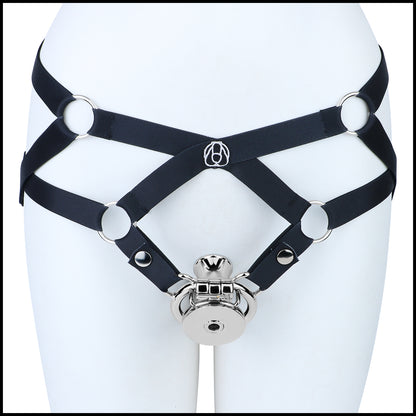Mirror Polish Flat and Inverted Chastity Cage – Inverted Long (60 mm) with black support belt