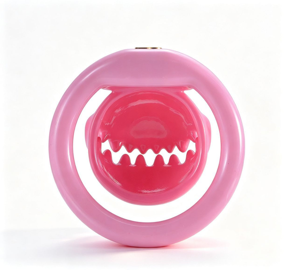 Pink Monster Mouth chastity cage, rear opening view