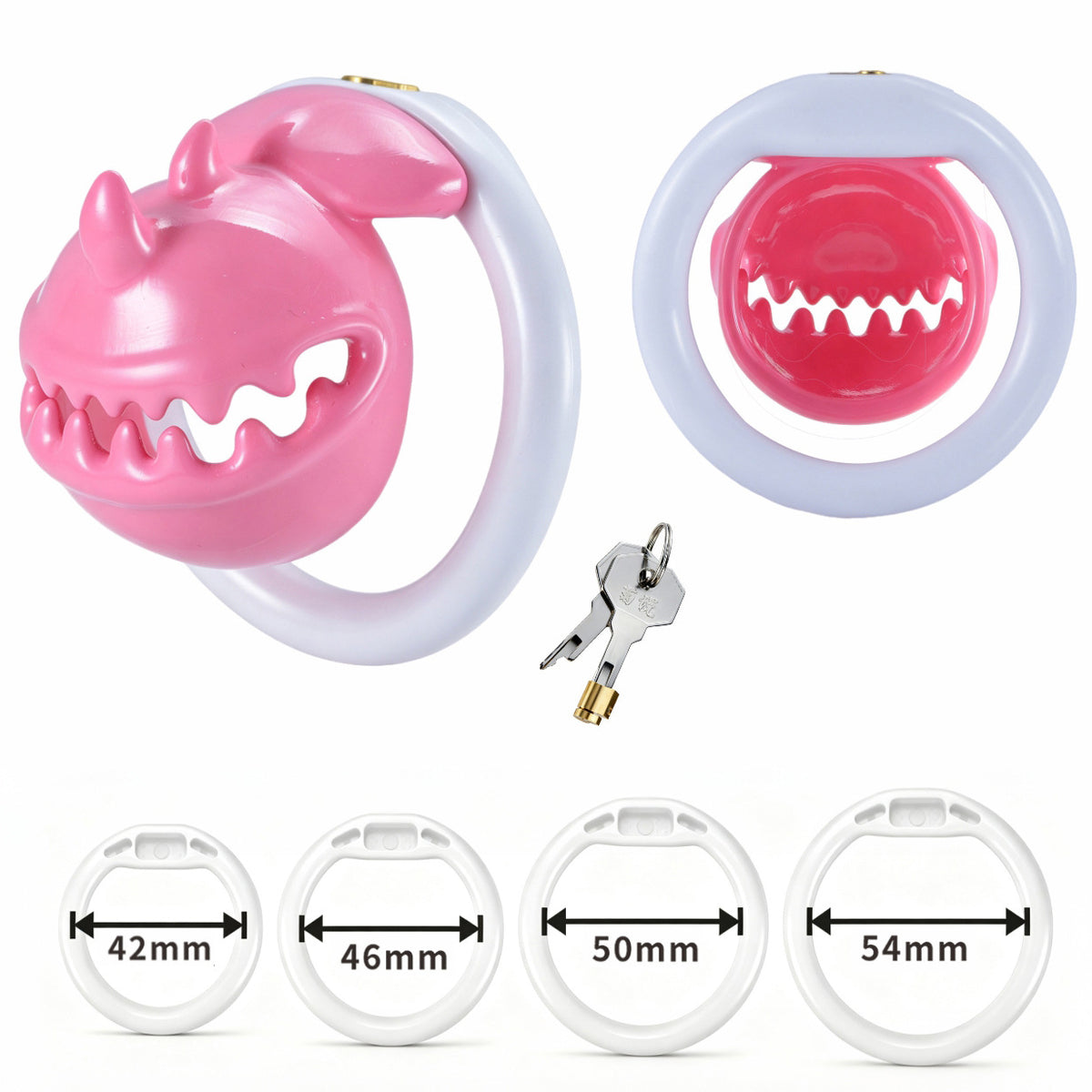 Pink and white Monster Mouth cage with four base ring sizes