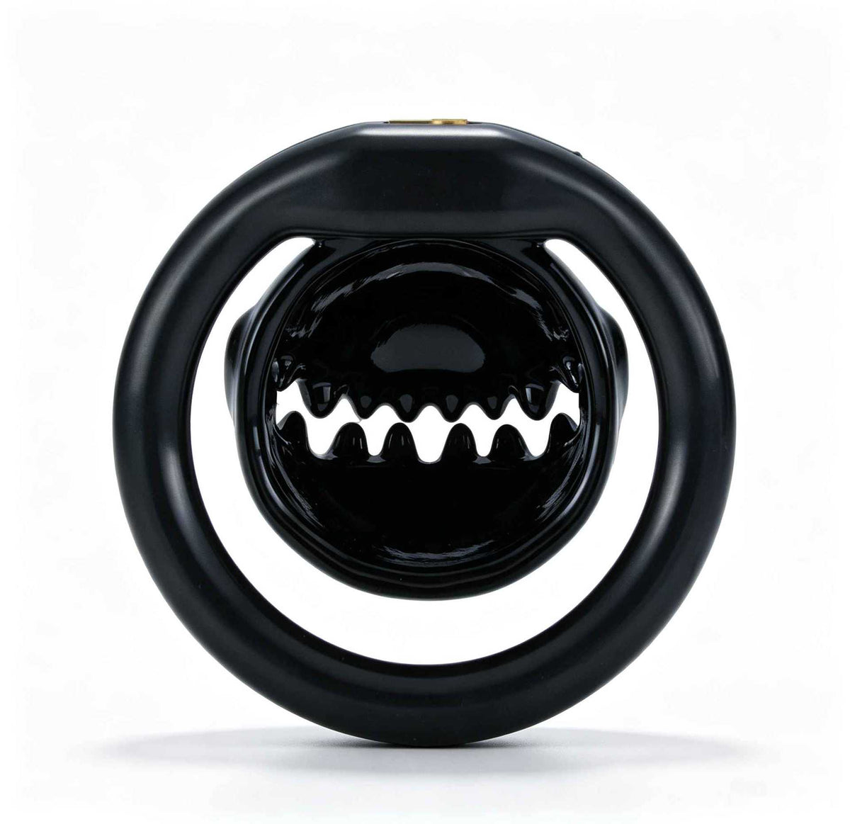 Black Monster Mouth chastity cage, rear opening view