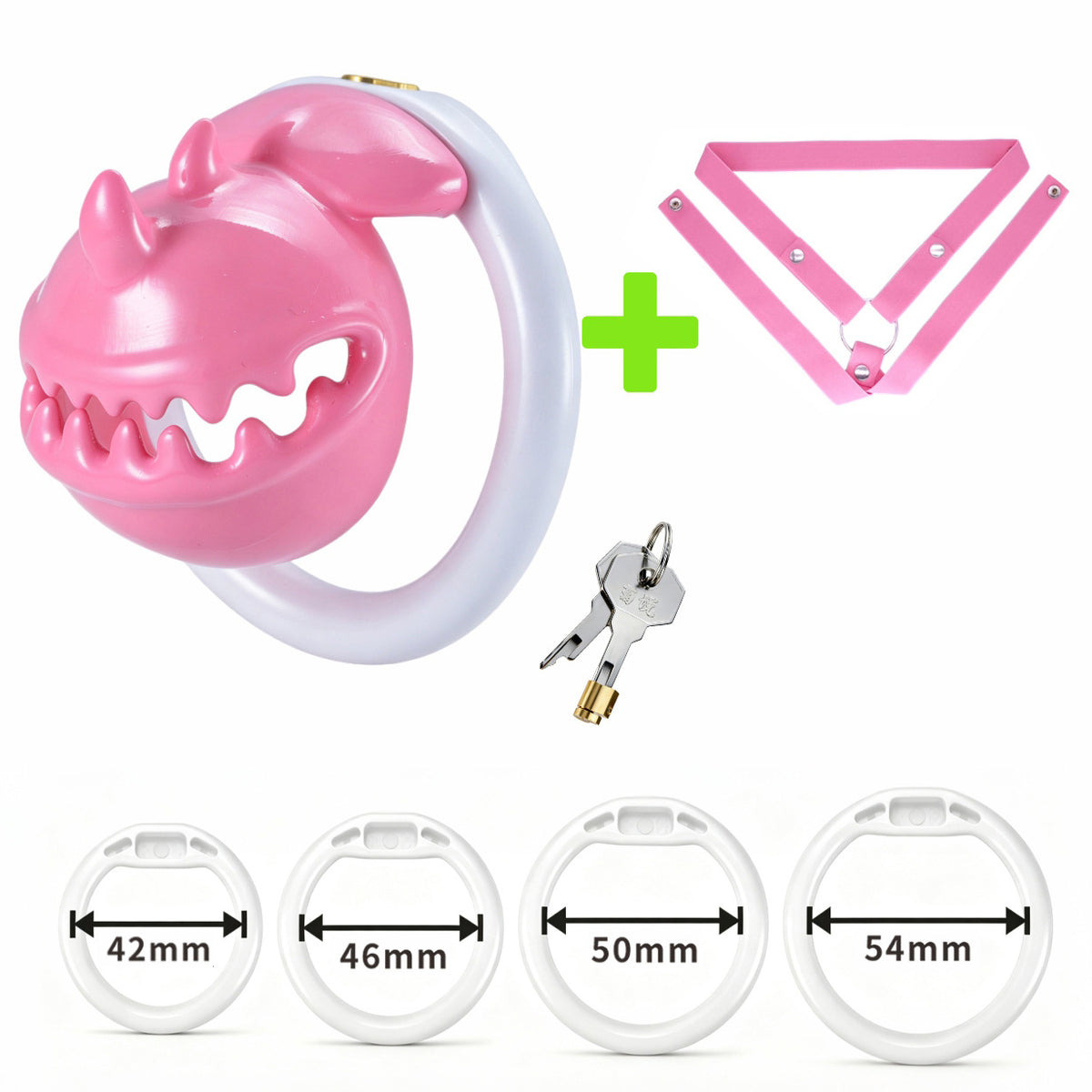 Pink and white Monster Mouth chastity cage set with pink belt