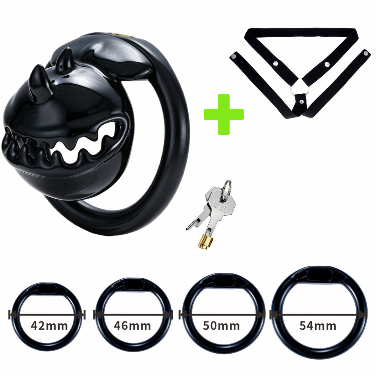 Black Monster Mouth chastity cage set with matching black belt