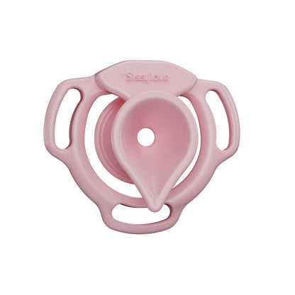 Pink Moon Drop flat chastity cage three-quarter view