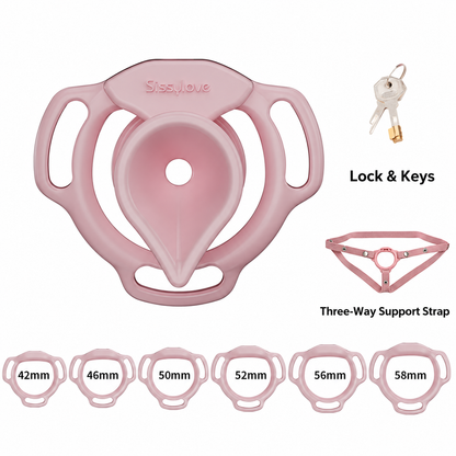 Pink Moon Drop complete set with lock, keys, three-way support strap and six rings measuring 42, 46, 50, 52, 56 and 58 mm