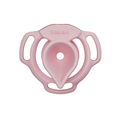 Pink Moon Drop flat chastity cage front view with teardrop-shaped cup