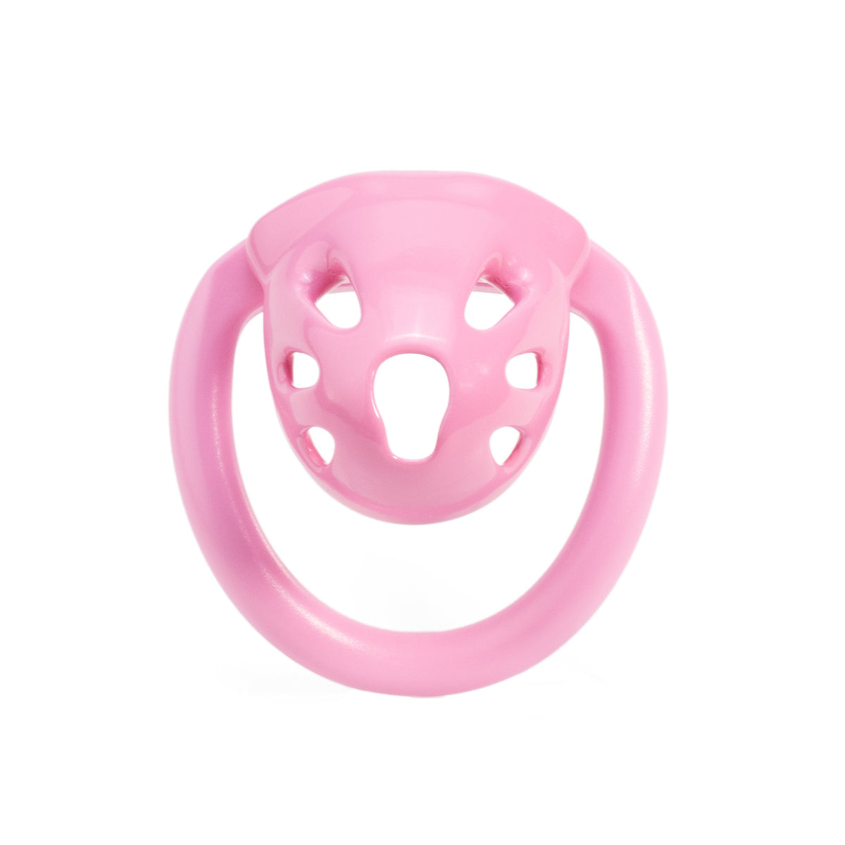 Pink oval ventilated resin chastity cage front view
