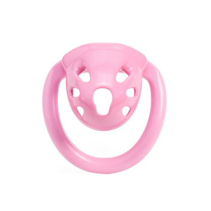 Pink oval ventilated resin chastity cage front view