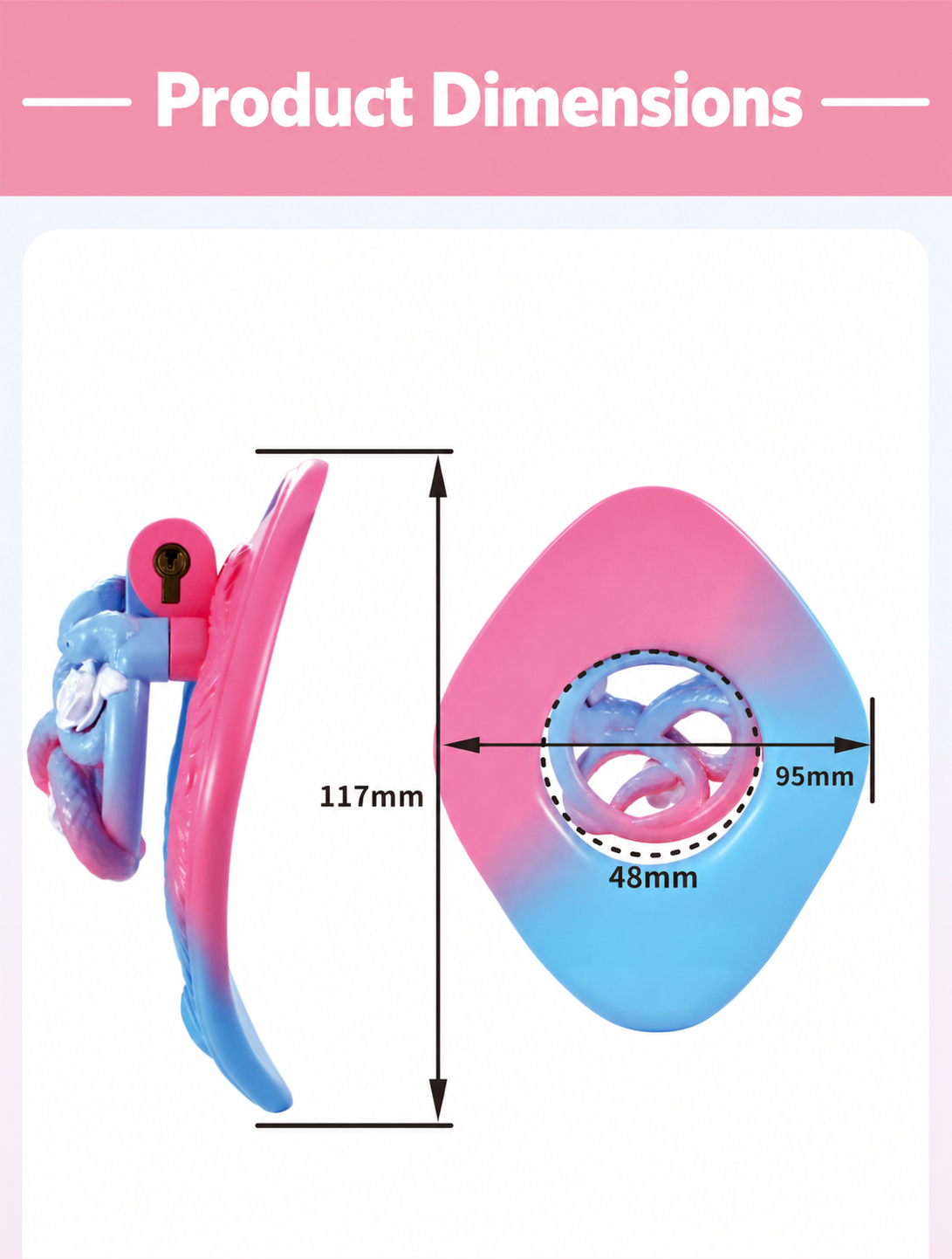 Pastel twin snake flat chastity cage dimensions: 117 mm height, 95 mm width and 48 mm opening