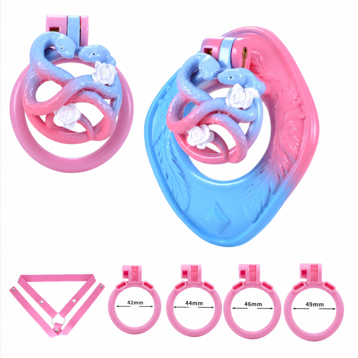 Twin snake cage with feather panel pink rings and fixing strap