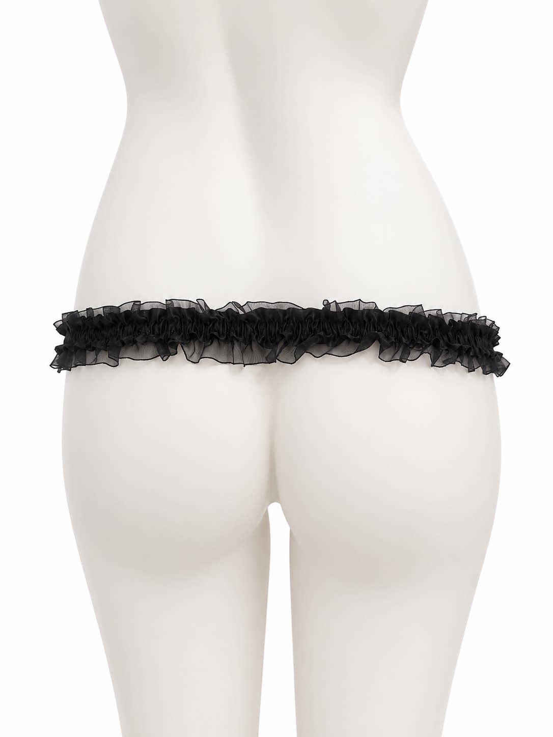 Black lace support strap shown from the rear on a display mannequin