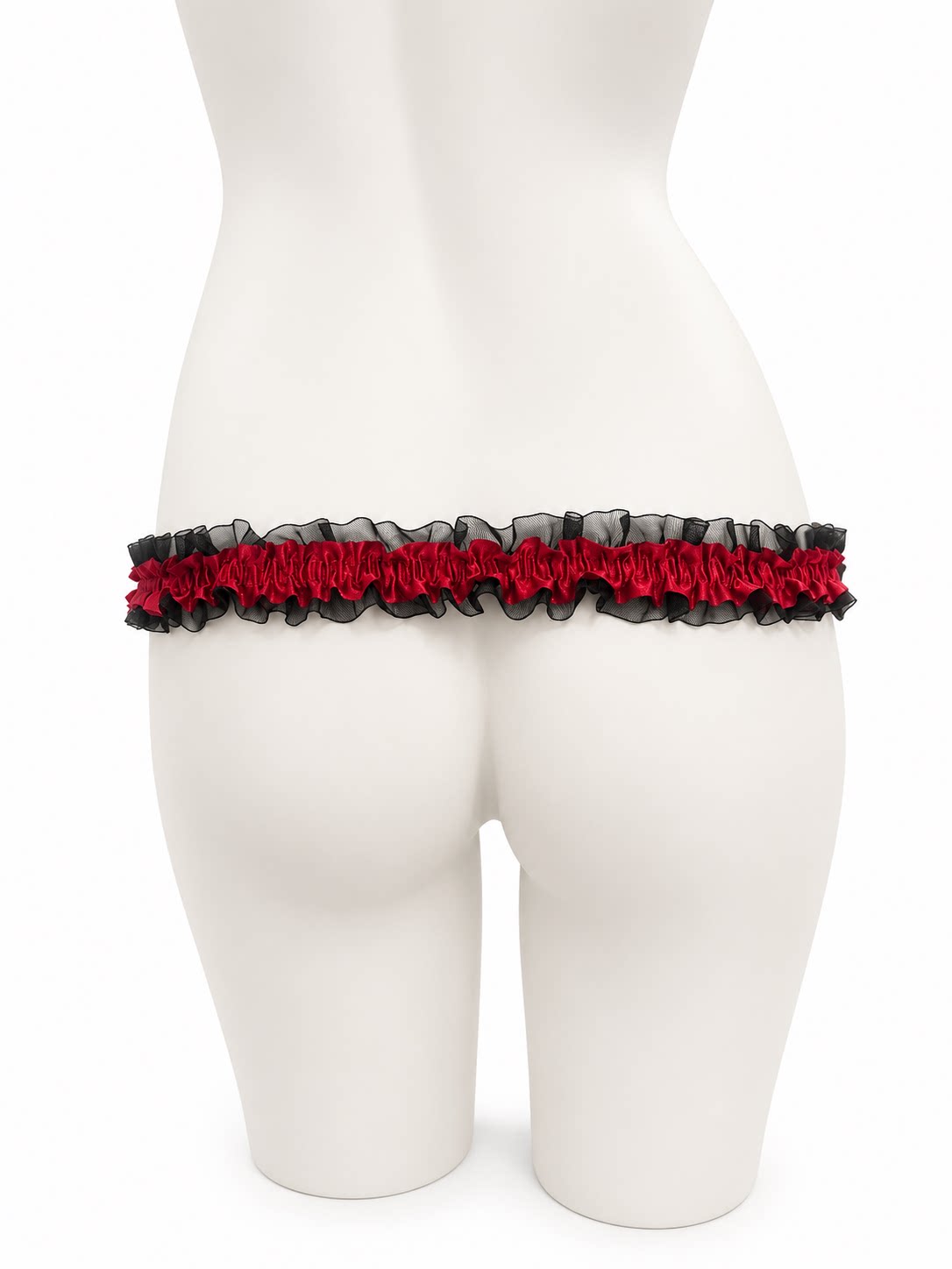 Black red lace support strap shown from the rear on a display mannequin