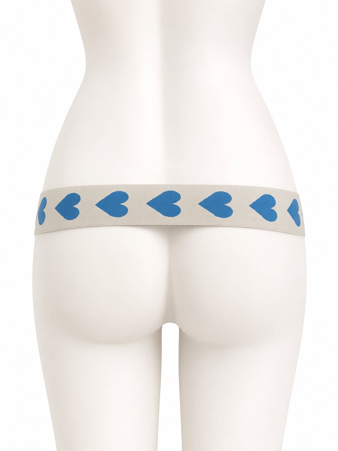 Blue hearts support strap shown from the rear on a display mannequin