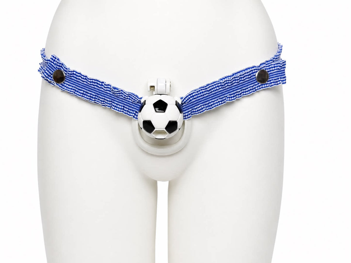 Blue Houndstooth elastic support strap shown from the front on a display mannequin; cage not included