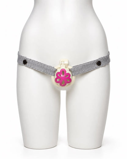 Grey Houndstooth elastic support strap shown from the front on a display mannequin; cage not included