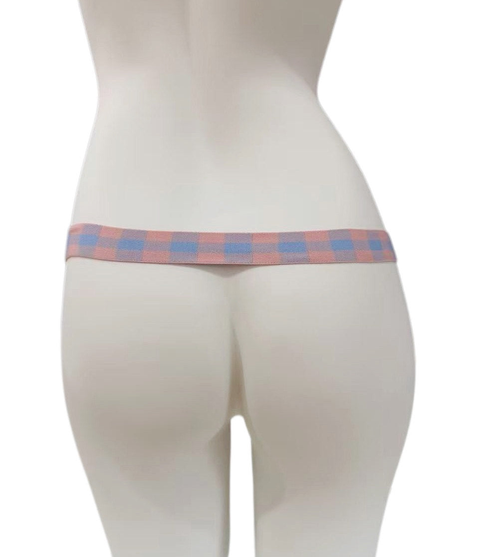 Pink blue check support strap shown from the rear on a display mannequin
