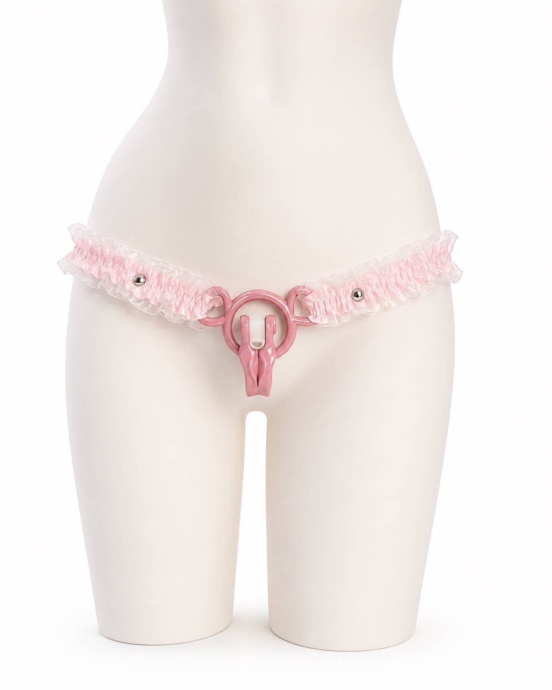 Pink Lace elastic support strap shown from the front on a display mannequin; cage not included