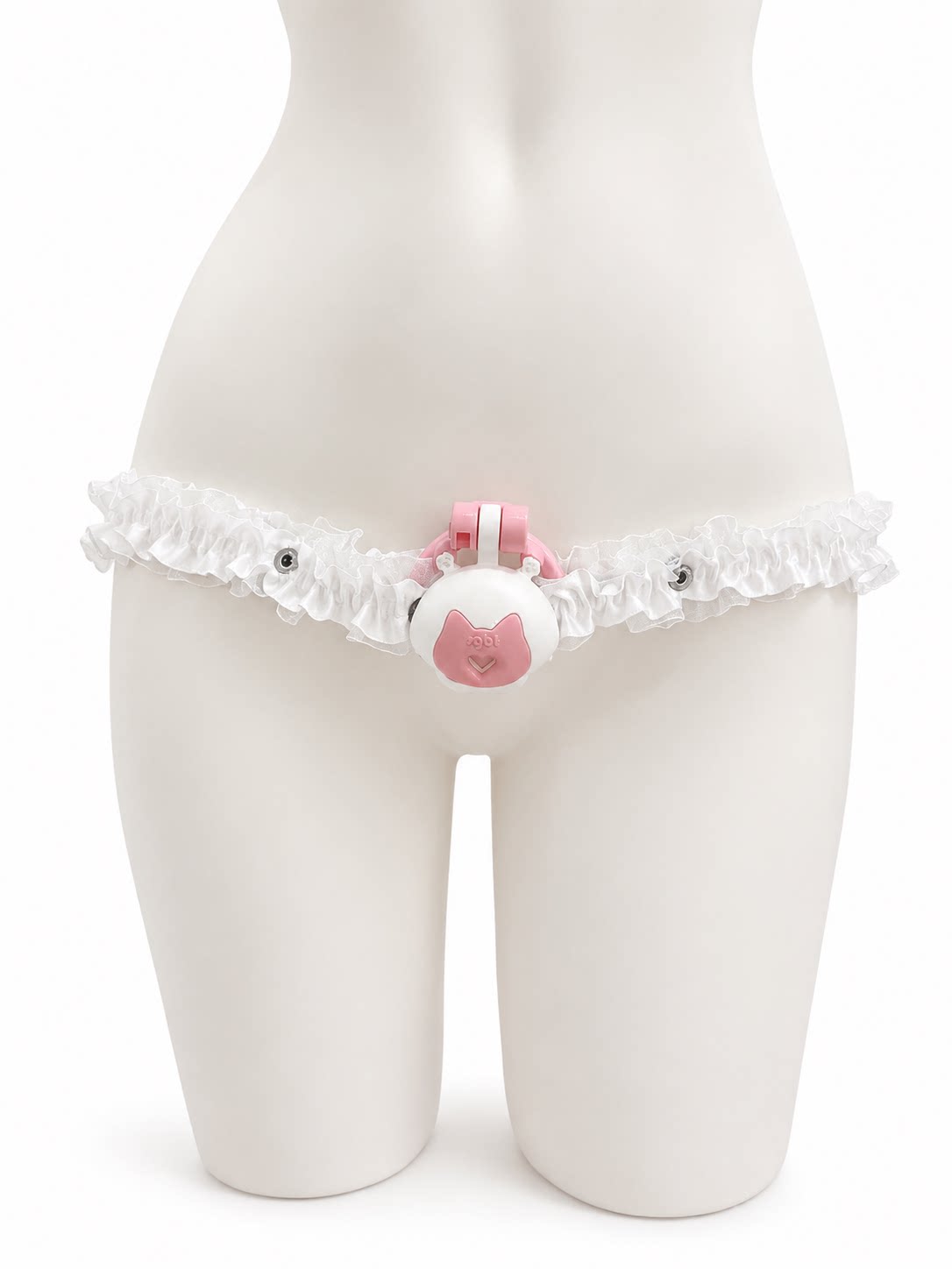 White Lace elastic support strap shown from the front on a display mannequin; cage not included