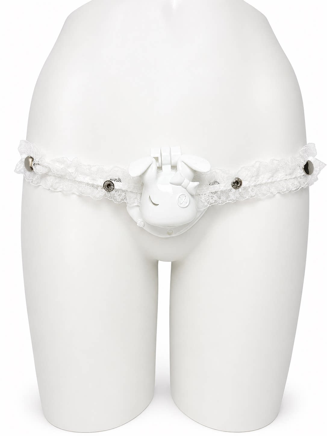 White Lolita Lace elastic support strap shown from the front on a display mannequin; cage not included
