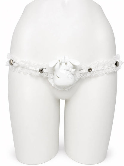 White Lolita Lace elastic support strap shown from the front on a display mannequin; cage not included