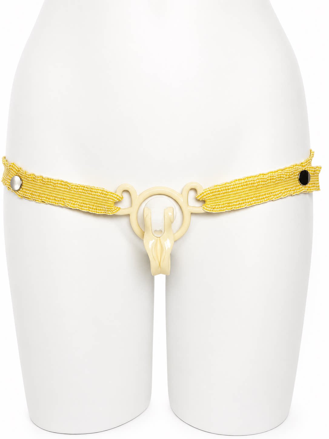 Yellow Houndstooth elastic support strap shown from the front on a display mannequin; cage not included