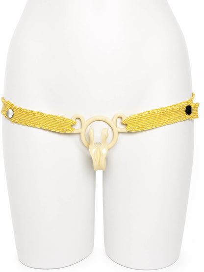 Yellow Houndstooth elastic support strap shown from the front on a display mannequin; cage not included