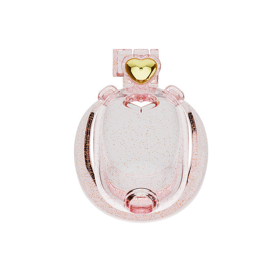 Transparent pink heart resin chastity cage, front view