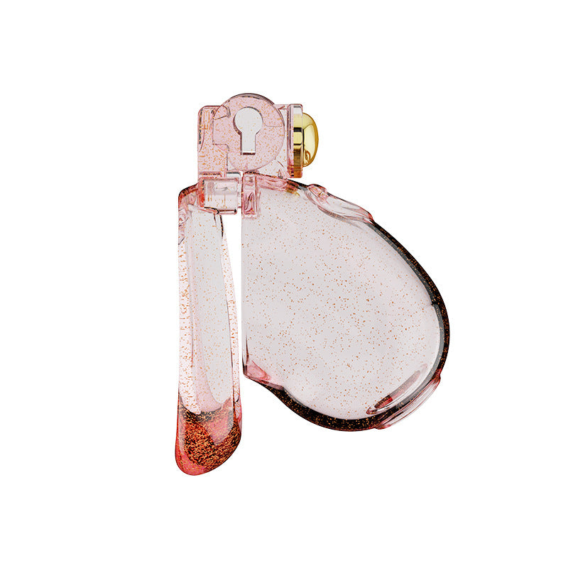 Transparent pink heart chastity cage, side view