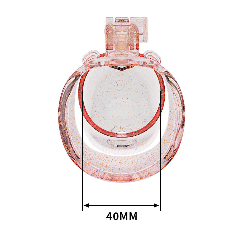 Transparent pink heart chastity cage width measurement, 40 mm
