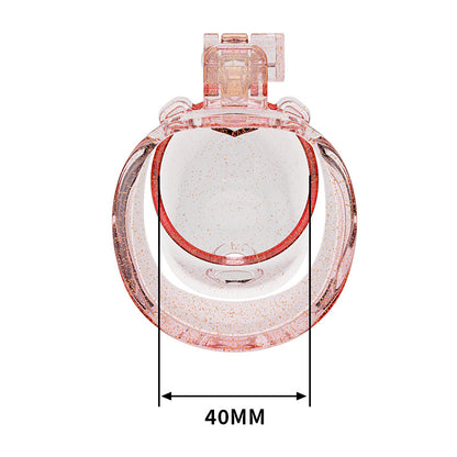 Transparent pink heart chastity cage width measurement, 40 mm