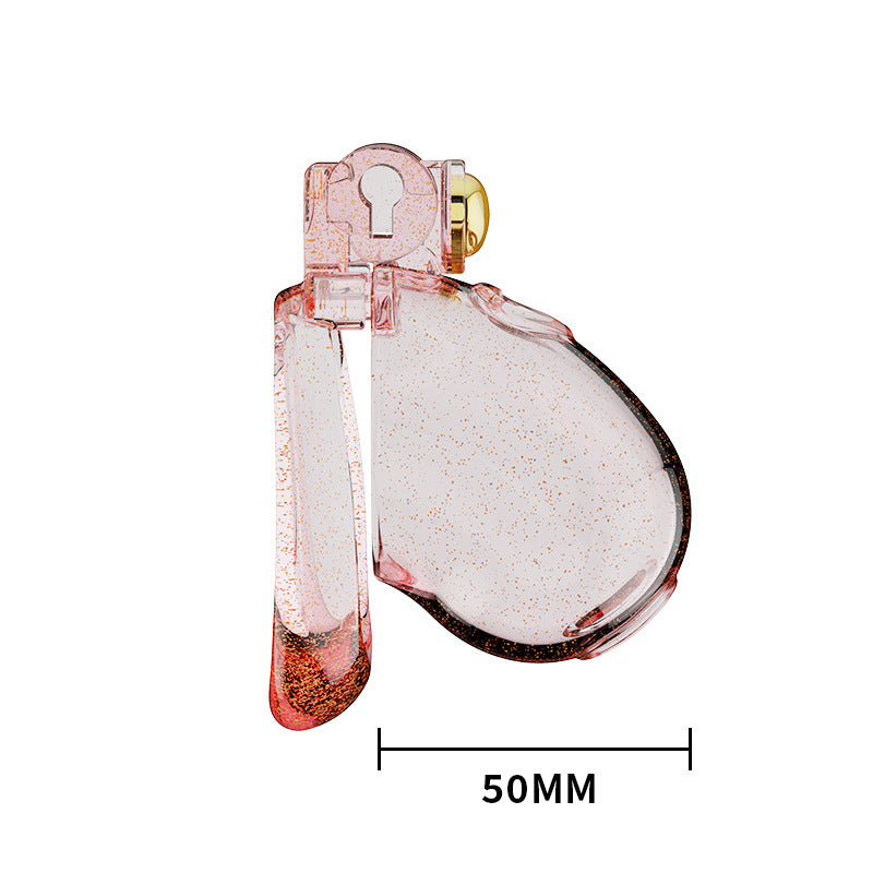 Transparent pink heart chastity cage side measurement, 50 mm