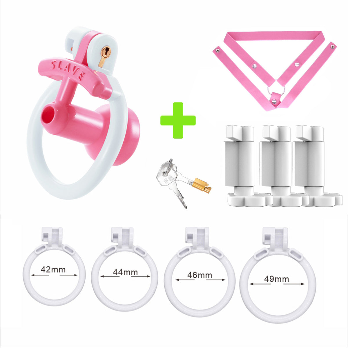 Pink and white negative urethral cage with belt and lock cores