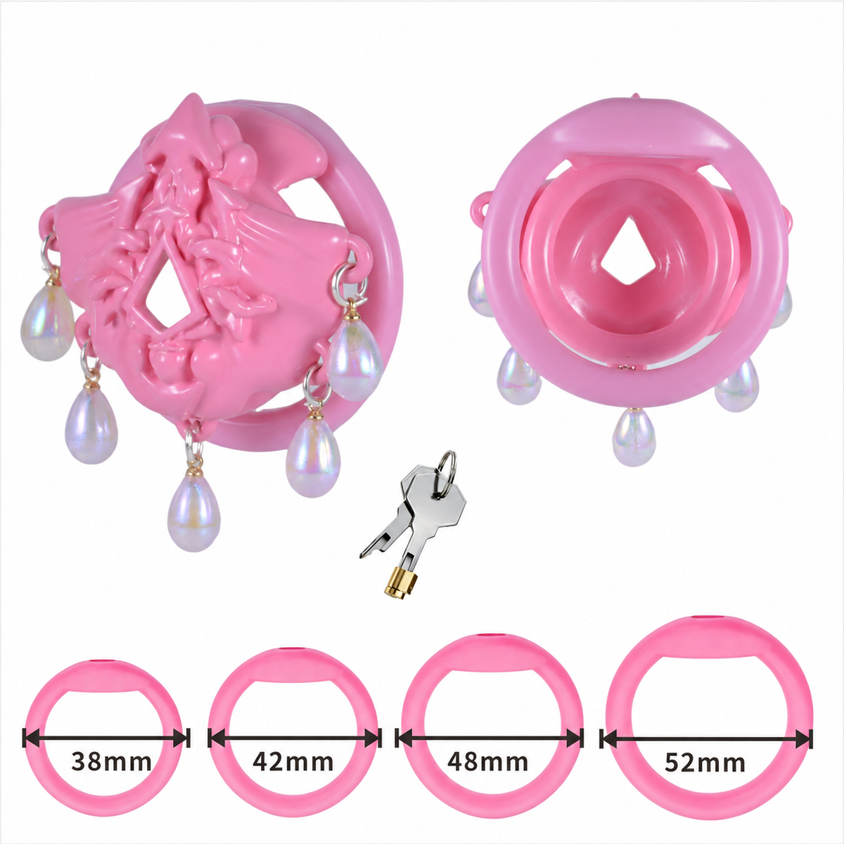 Pink Ocean Tears Flat Chastity Cage – pink cage front and rear views with 38, 42, 48 and 52 mm rings