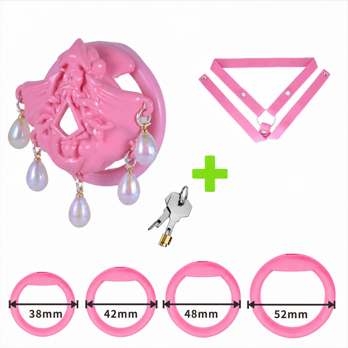Pink Ocean Tears Flat Chastity Cage – pink cage with three-way pink belt and four ring measurements
