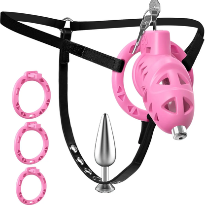 Pink Rattler Chastity Cage with Anal Plug