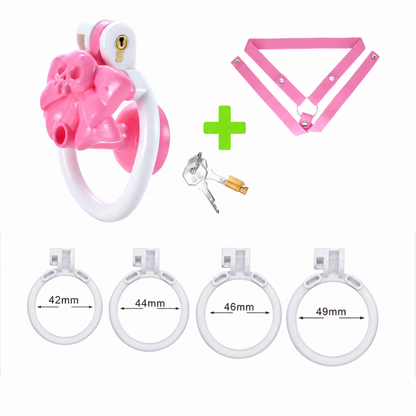 Pink and white skull cage with pink belt and four rings