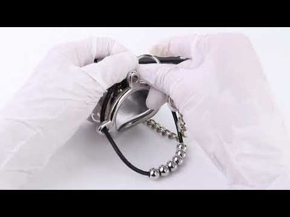 Flame Cutout Stainless Steel Chastity Cage with Restraint, beaded cord video
