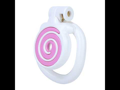 Candy Heart Flat Chastity Cage assembly and pink and blue belt configurations
