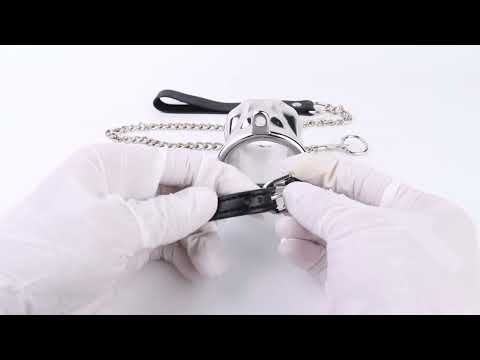 Flame Cutout Stainless Steel Chastity Cage with Restraint, leather strap video