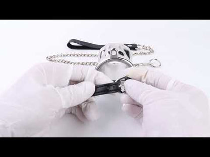 Flame Cutout Stainless Steel Chastity Cage with Restraint, leather strap video