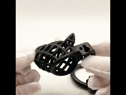 Black Dog Head Plastic Chastity Cage product video showing cage, base ring and brass lock
