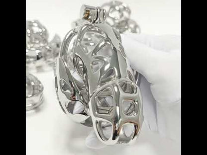 Mamba Stainless Steel Ball-Enclosing Chastity Cage product video showing the polished openwork cage and ball-enclosing structure