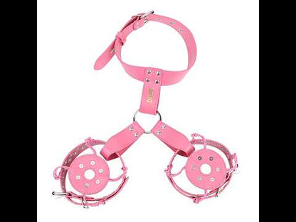 Riveted adjustable breast harness collar in Pink and Black demonstrated on a mannequin